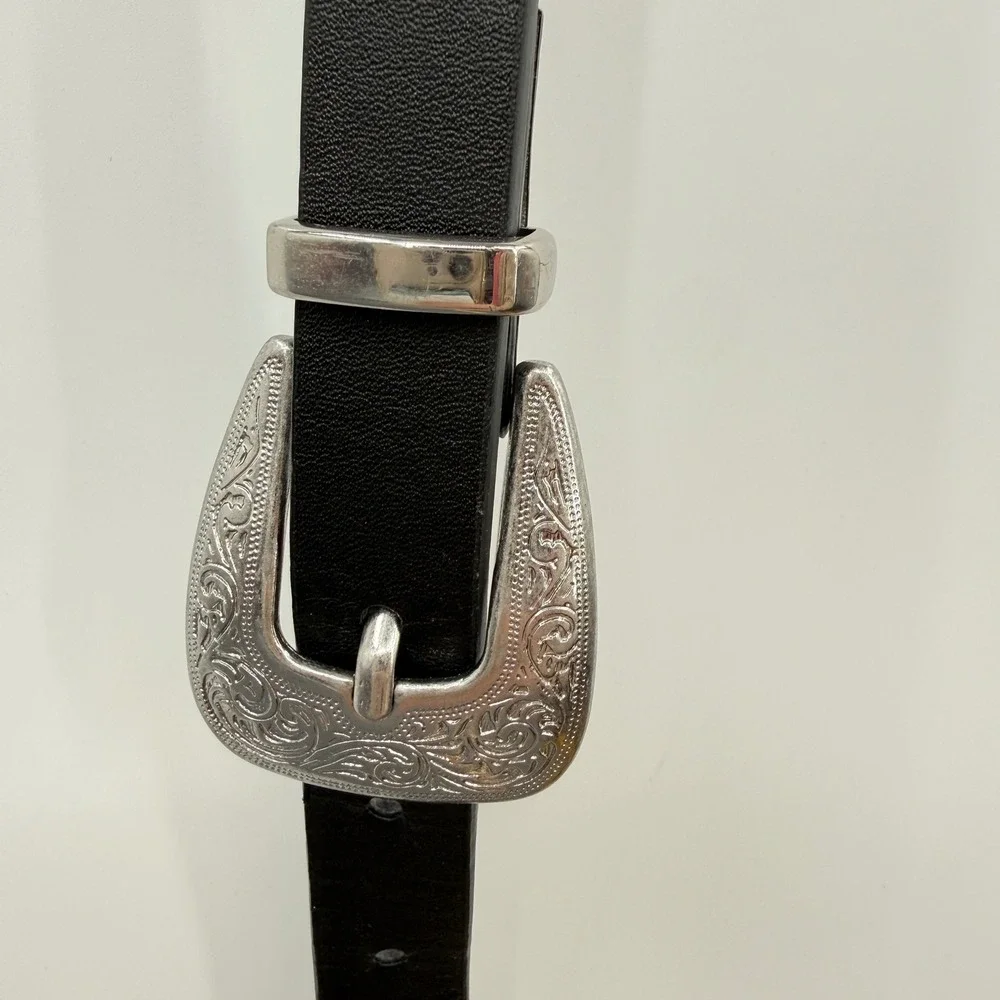 Black Bonded Leather Double Buckle Western Belt Silver Engraved Size S 35in